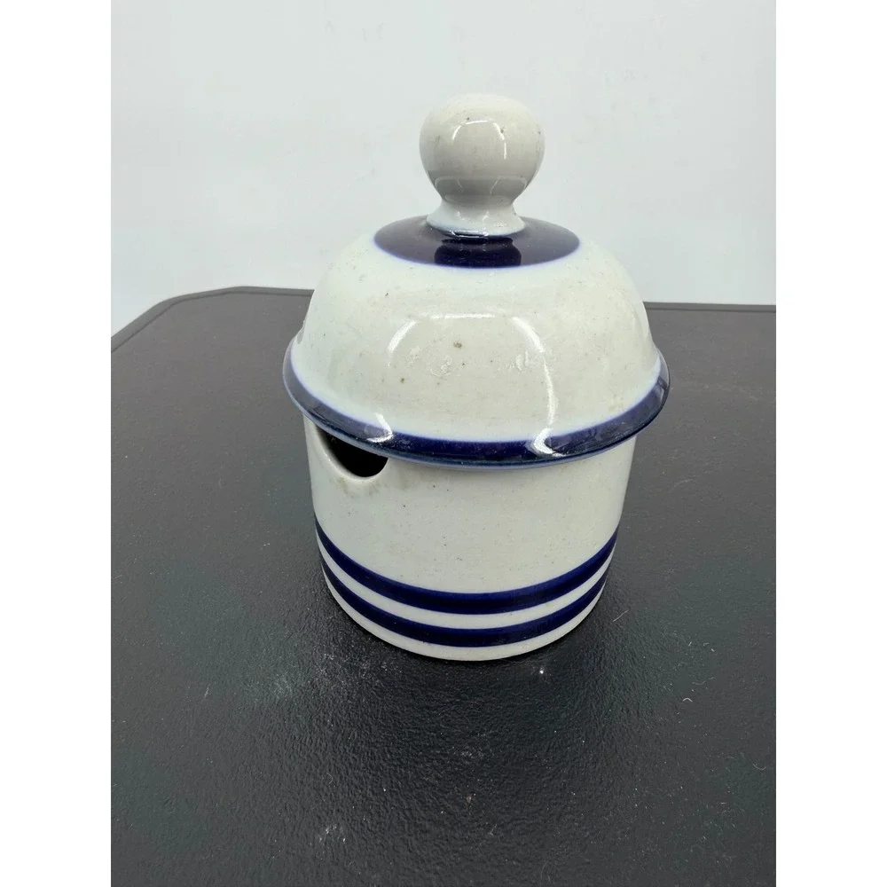 Dansk International Designs Blue Striped Stoneware Jam Honey Pot Lid Japan MCM